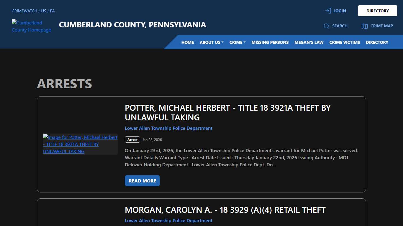 Arrests for Cumberland County, Pennsylvania CRIMEWATCH
